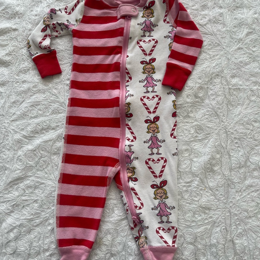 Hanna Andersson Pink Red Striped Dr Seuss Cindy Lou Holiday PJ Sleeper 6-12M